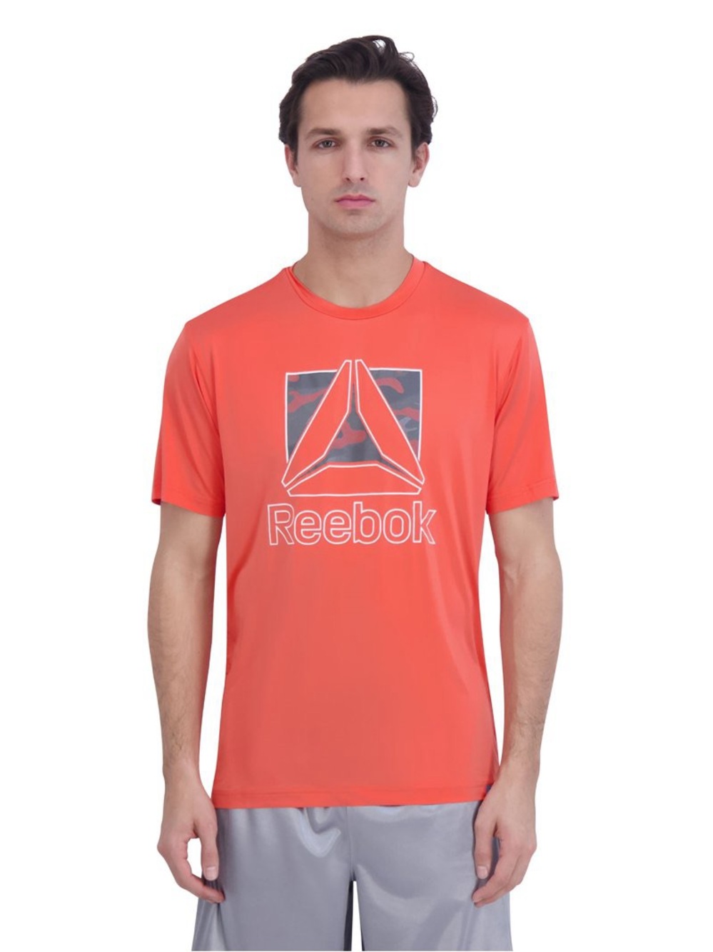 Reebok Performance Graphic T Shirt Size Large Hot Coral Camo Logo Athletic NWT